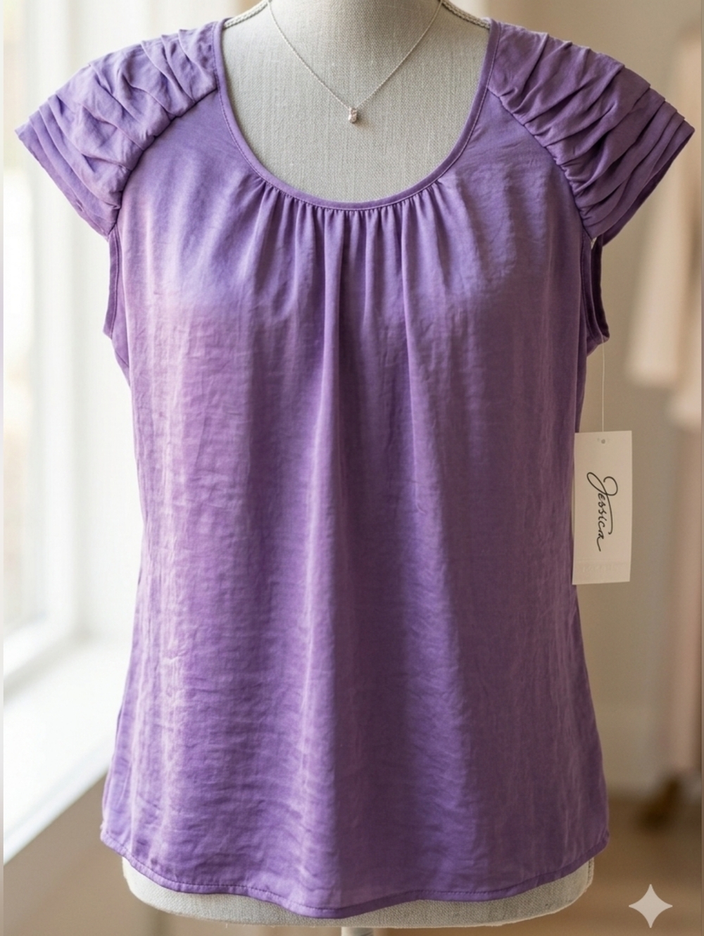 Jessica Petite Purple Pleated Soulder Cap Sleeve Blouse Size 12P